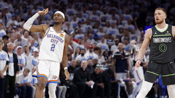May 20, 2025; Oklahoma City, Oklahoma, USA; Oklahoma City Thunder guard Shai Gilgeous-Alexander (2) watches a shot against Minnesota Timberwolves guard Donte DiVincenzo (0) in the fourth quarter during game one of the western conference finals for the 2025 NBA Playoffs at Paycom Center. Mandatory Credit: Alonzo Adams-Imagn Images May 20, 2025; Oklahoma City, Oklahoma, USA; Oklahoma City Thunder guard Shai Gilgeous-Alexander (2) watches a shot against Minnesota Timberwolves guard Donte DiVincenzo (0) in the fourth quarter during game one of the western conference finals for the 2025 NBA Playoffs at Paycom Center. Mandatory Credit: Alonzo Adams-Imagn Images