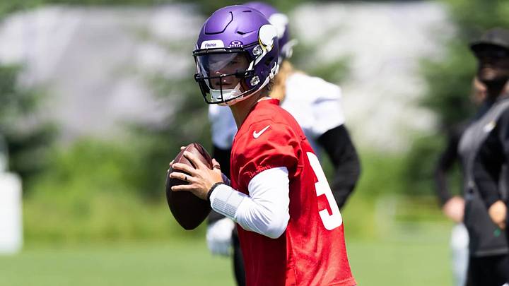 J.J. McCarthy during a June 2026 OTA practice in Eagan, Minnesota. J.J. McCarthy during a June 2026 OTA practice in Eagan, Minnesota.