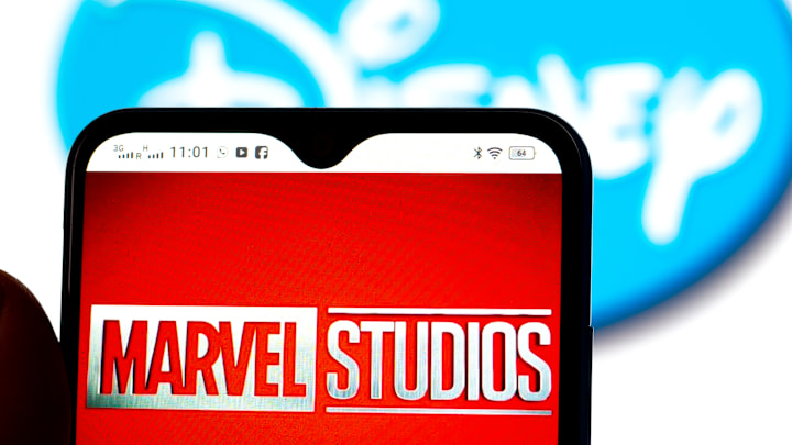 In this photo illustration, the Marvel Studios logo is seen...