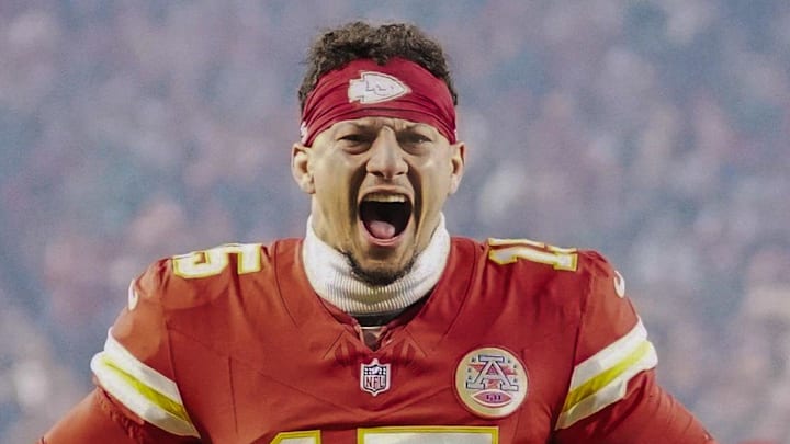 Dec 7, 2025; Kansas City, Missouri, USA; Kansas City Chiefs quarterback Patrick Mahomes (15) yells prior to the game against the Houston Texans at GEHA Field at Arrowhead Stadium. Mandatory Credit: Denny Medley-Imagn Images