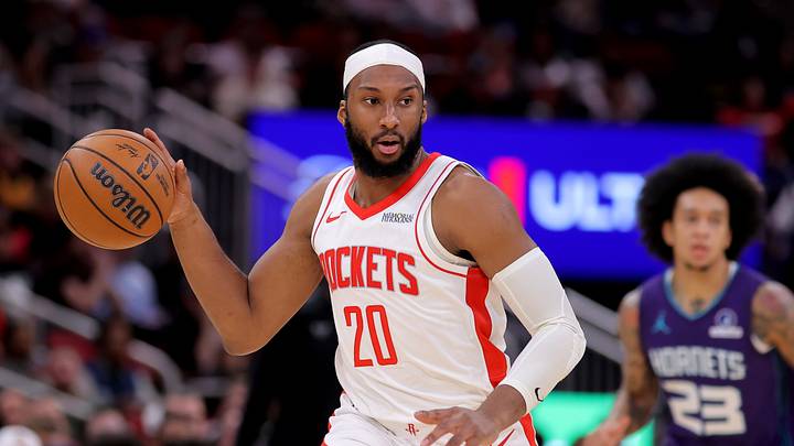 Feb 5, 2026; Houston, Texas, USA; Houston Rockets guard Josh Okogie (20) dribbles against the Charlotte Hornets during the third quarter at Toyota Center. Mandatory Credit: Erik Williams-Imagn Images