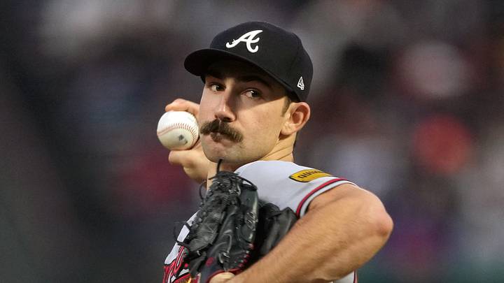 Aug 25, 2023; San Francisco, California, USA; Atlanta Braves starting pitcher Spencer Strider (99) throws a pitch against the San Francisco Giants during the third inning at Oracle Park. Mandatory Credit: Darren Yamashita-USA TODAY Sports