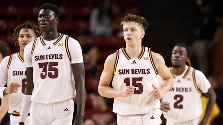 Jan 3, 2026; Tempe, Arizona, USA; Arizona State Sun Devils center Massamba Diop (35) and guard Noah Meeusen (15) against the Colorado Buffaloes at Desert Financial Arena. Mandatory Credit: Mark J. Rebilas-Imagn Images Jan 3, 2026; Tempe, Arizona, USA; Arizona State Sun Devils center Massamba Diop (35) and guard Noah Meeusen (15) against the Colorado Buffaloes at Desert Financial Arena. Mandatory Credit: Mark J. Rebilas-Imagn Images