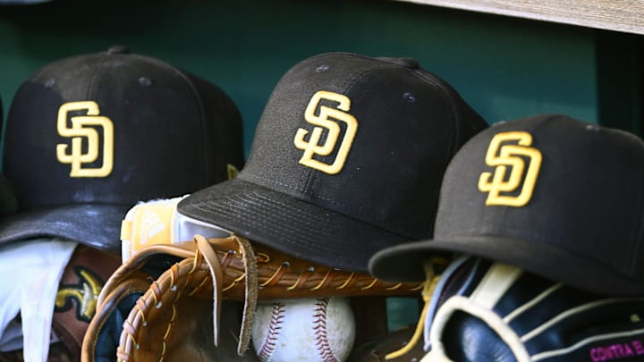 May 24, 2023; Washington, District of Columbia, USA; San Diego Padres hats in the dugout during the game against the Washington Nationals at Nationals Park. 