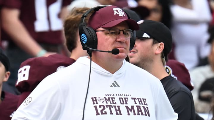 Texas A&M Aggies head coach Mike Elko reacts during the first quarter during the first round of the CFP National Playoff against the Miami Hurricanes at Kyle Field.