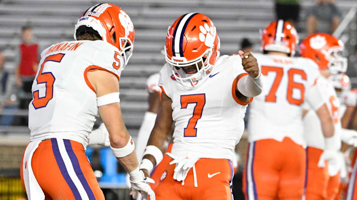 Clemson Tigers safety Ronan Hanafin and safety Khalil Barnes before a game against the Boston College Eagles at Alumni Stadium.
