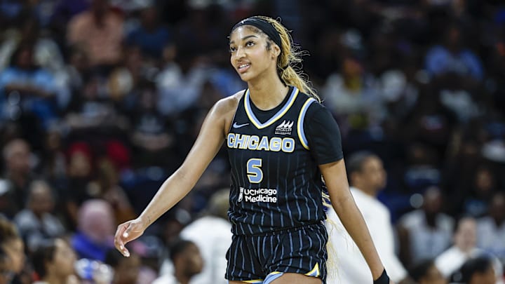 Jul 12, 2025; Chicago, Illinois, USA; Chicago Sky forward Angel Reese (5) reacts during the first half of a WNBA game against the Minnesota Lynx at Wintrust Arena. Mandatory Credit: Kamil Krzaczynski-Imagn Images