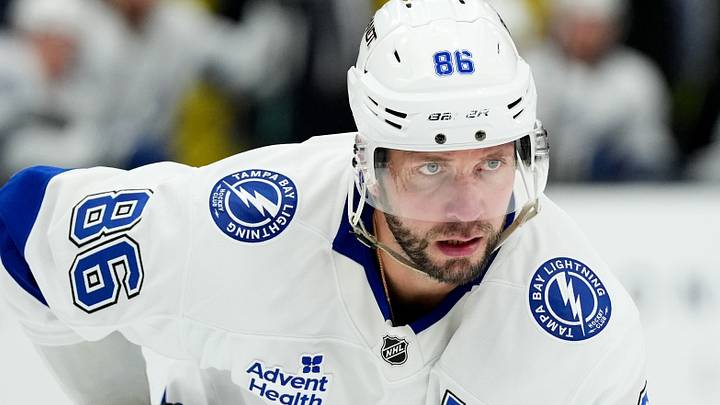 Oct 20, 2026; Las Vegas, Nevada, USA;  Tampa Bay Lightning right wing Nikita Kucherov (86) looks on against the Vegas Golden Knights in the second period at T-Mobile Arena.  Mandatory Credit: Candice Ward-Imagn Images