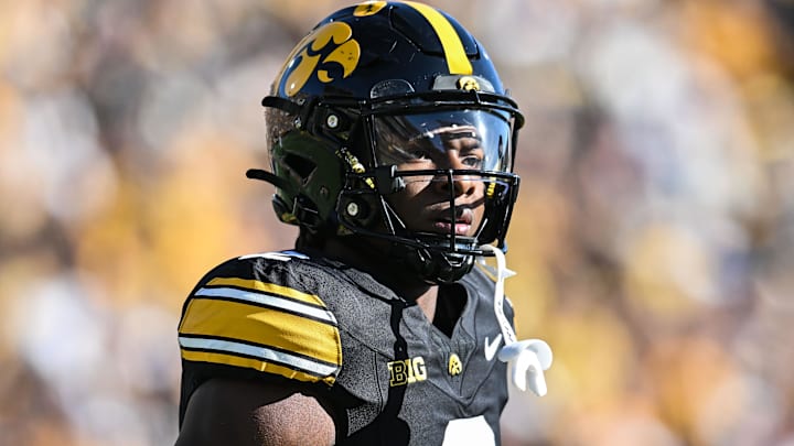 Oct 26, 2024; Iowa City, Iowa, USA; Iowa Hawkeyes running back Kaleb Johnson (2) looks on during the first quarter against the Northwestern Wildcats at Kinnick Stadium. Mandatory Credit: Jeffrey Becker-Imagn Images