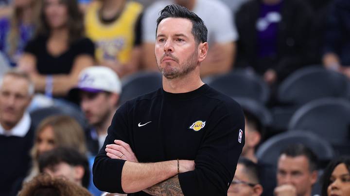 Oct 25, 2026; Salt Lake City, Utah, USA;  Los Angeles Lakers head coach JJ Redick watches play against the Utah Jazz during the first half at Delta Center.  Mandatory Credit: Rob Gray-Imagn Images