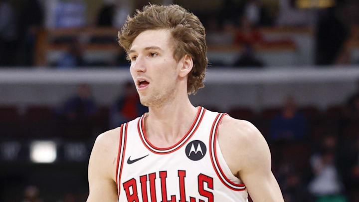 Mar 3, 2026; Chicago, Illinois, USA; Chicago Bulls forward Matas Buzelis (14) drives to the basket against the Oklahoma City Thunder during the first half at United Center. Mandatory Credit: Kamil Krzaczynski-Imagn Images