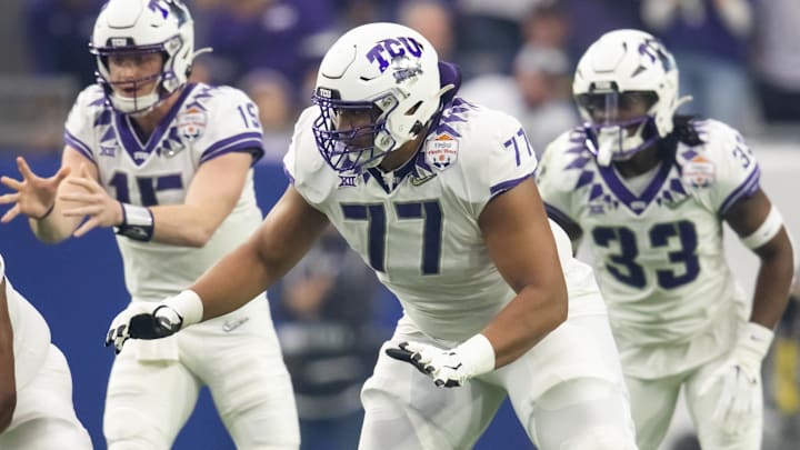Dec 31, 2022; Glendale, Arizona, USA; TCU Horned Frogs offensive lineman Brandon Coleman (77)