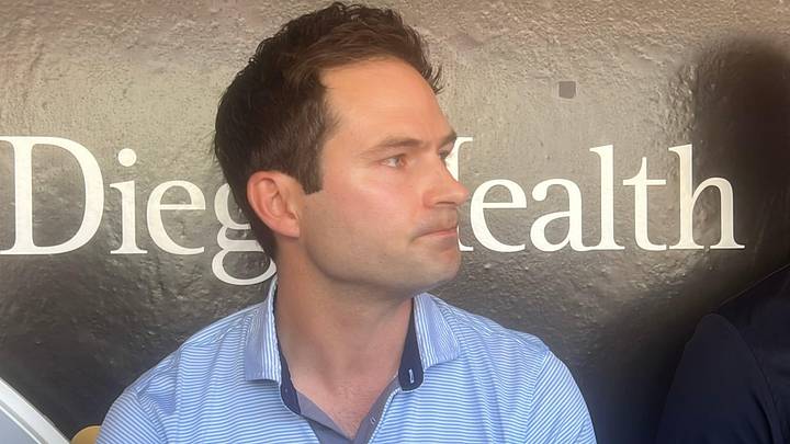 Detroit Tigers president of baseball operations Scott Harris talks to reporters March 25, 2026, before Opening Day at Petco Park in San Diego, California.