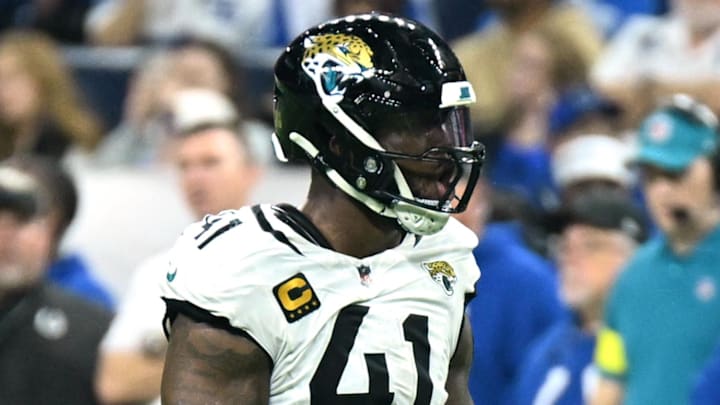 Dec 28, 2025; Indianapolis, Indiana, USA; Jacksonville Jaguars defensive end Josh Hines-Allen (41) reacts after a play during the second half against the Indianapolis Colts at Lucas Oil Stadium. Mandatory Credit: Robert Goddin-Imagn Images