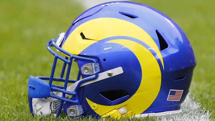 Nov 5, 2023; Green Bay, Wisconsin, USA;  General view of an Los Angeles Rams helmet during warmups prior to the game against the Green Bay Packers at Lambeau Field. Mandatory Credit: Jeff Hanisch-Imagn Images