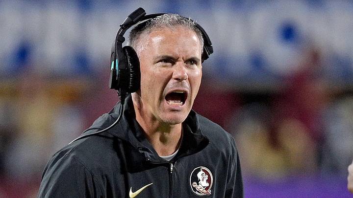 Sep 3, 2023; Orlando, Florida, USA; Florida State Seminoles head coach Mike Norvell is excited during the fourth quarter against the Louisiana State Tigers at Camping World Stadium. Mandatory Credit: Melina Myers-Imagn Images