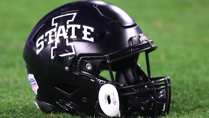 Jan 2, 2021; Glendale, AZ, USA; Detailed view of an Iowa State Cyclones helmet during the Fiesta Bowl at State Farm Stadium.
