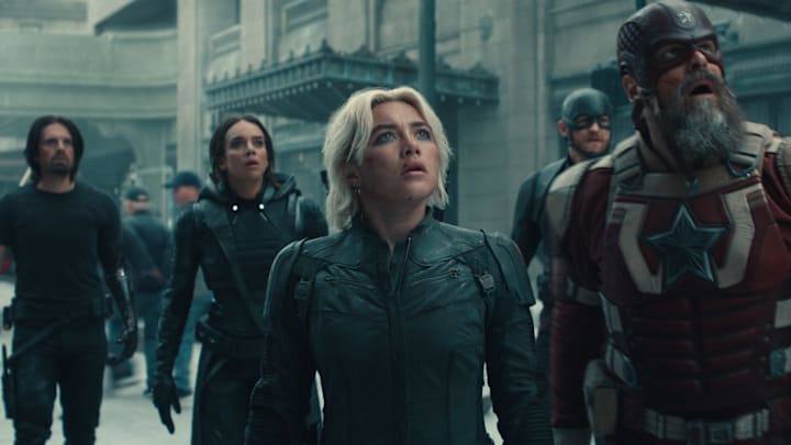 (L-R) Bucky Barnes (Sebastian Stan), Ghost (Hannah John-Kamen), Yelena Belova (Florence Pugh), John Walker (Wyatt Russell), and Red Guardian/Alexei Shostakov (David Harbour) in Marvel Studios' THUNDERBOLTS*. Photo courtesy of Marvel Studios. © 2024 MARVEL.