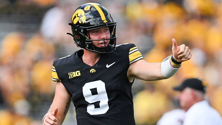 Sep 5, 2026; Iowa City, Iowa, USA;  Iowa Hawkeyes quarterback Hank Brown (9) warms up before the game against the Northern Illinois Huskies at Kinnick Stadium.  Mandatory Credit: Jeffrey Becker-Imagn Images