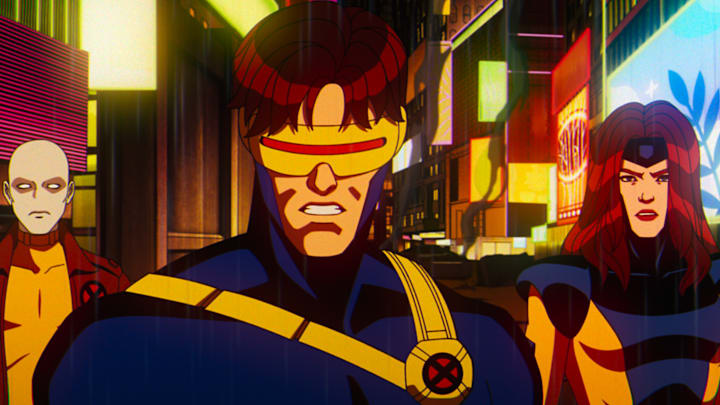 (L-R): Morph (voiced by JP Karliak), Cyclops (voiced by Ray Chase) and Jean Grey (voiced by Jennifer Hale) in Marvel Animation's X-MEN '97. Photo courtesy of Marvel Animation. © 2024 MARVEL.