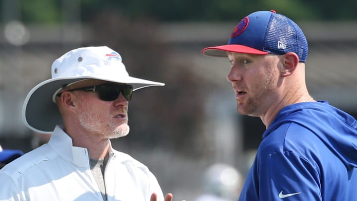 Bills head coach Sean McDermott talks with offensive coordinator Joe Brady during drills on the opening day of Buffalo Bills training camp at St. John Fisher University in Pittsford Wednesday, July 24, 2024. Bills head coach Sean McDermott talks with offensive coordinator Joe Brady during drills on the opening day of Buffalo Bills training camp at St. John Fisher University in Pittsford Wednesday, July 24, 2024.
