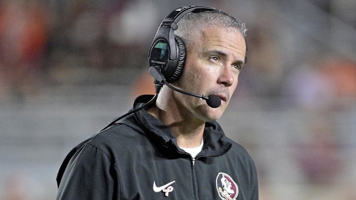 Oct 5, 2024; Tallahassee, Florida, USA; Florida State Seminoles head coach Mike Norvell looks on during the second half against the Clemson Tigers at Doak S. Campbell Stadium. Mandatory Credit: Melina Myers-Imagn Images