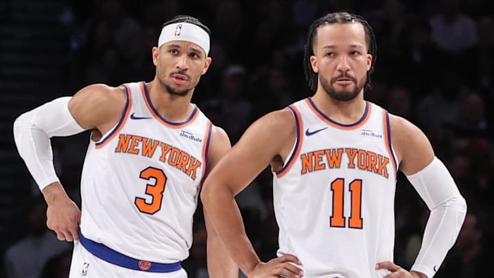 Jan 21, 2025; Brooklyn, New York, USA;  New York Knicks guards Josh Hart (3) and Jalen Brunson (11) at Barclays Center. Mandatory Credit: Wendell Cruz-Imagn Images