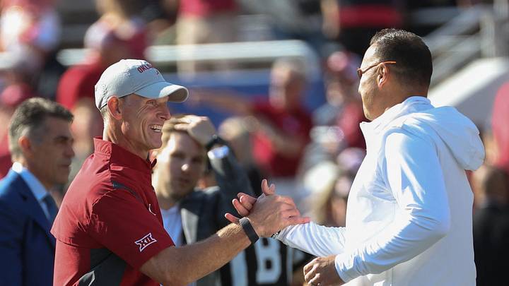 Oklahoma Sooners head coach Brent Venables (left) greets Texas Longhorns head coach Steve Sarkisian before the game at the Cotton Bowl Oklahoma Sooners head coach Brent Venables (left) greets Texas Longhorns head coach Steve Sarkisian before the game at the Cotton Bowl