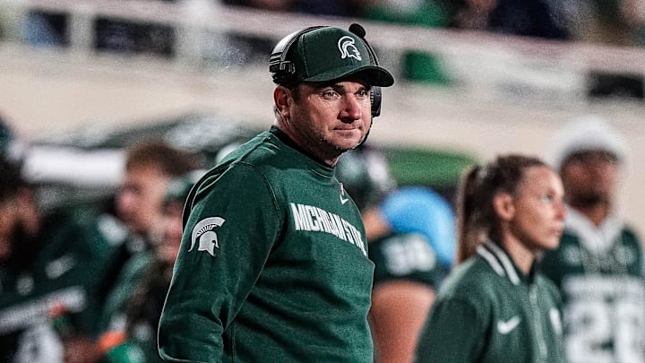 Michigan State head coach Jonathan Smith watches a play against Michigan during the second half at Spartan Stadium in East Lansing on Saturday, October 25, 2025.