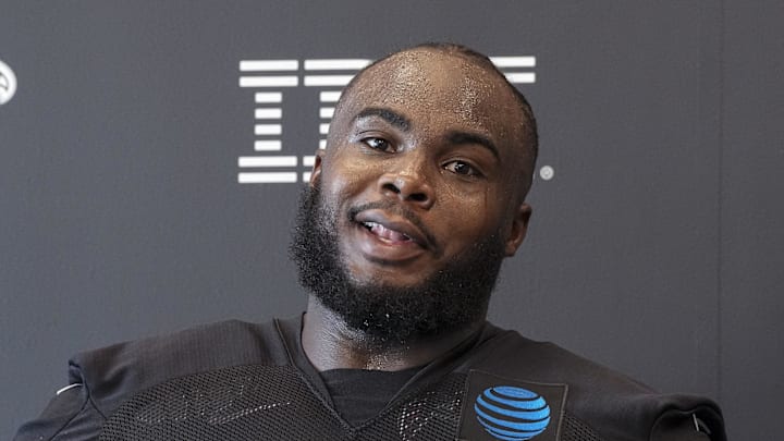 Atlanta Falcons defensive end Grady Jarrett talks to the media on the first day of training camp at Falcons Training Camp. Atlanta Falcons defensive end Grady Jarrett talks to the media on the first day of training camp at Falcons Training Camp.
