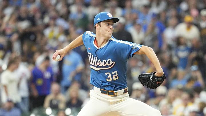 Jun 26, 2026; Milwaukee, Wisconsin, USA; Milwaukee Brewers pitcher Jacob Misiorowski (32) delivers a pitch against the Chicago Cubs in the first inning at American Family Field. Mandatory Credit: Michael McLoone-Imagn Images