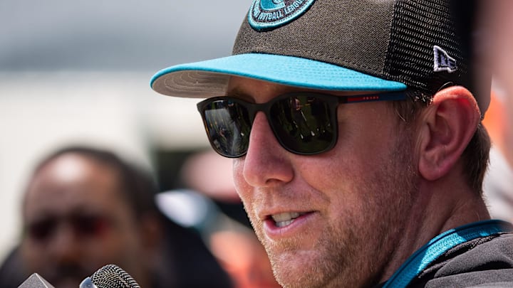 Jacksonville Jaguars head coach Liam Coen answers questions during a press conference after the fourth organized team activity at the Miller Electric Center in Jacksonville, Fla. Tuesday, May 27, 2025. [Doug Engle/Florida Times-Union]Jacksonville Jaguars during the fourth organized team activity at the Miller Electric Center in Jacksonville, Fla. Tuesday, May 27, 2025. [Doug Engle/Florida Times-Union]