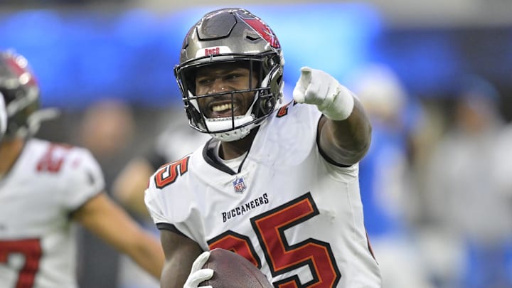Tampa Bay Buccaneers cornerback Jamel Dean celebrates after a fumble recovery against the Los Angeles Chargers 