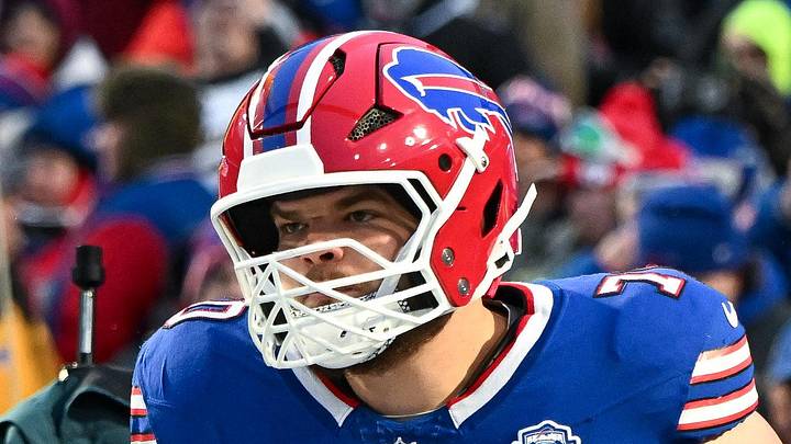 Jan 4, 2026; Orchard Park, New York, USA; Buffalo Bills offensive tackle Alec Anderson (70) enters the field before a game against the New York Jets at Highmark Stadium. Mandatory Credit: Mark Konezny-Imagn Images