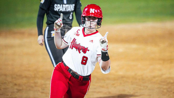 Nebraska outfielder Abbie Squier rounds the bases after her home run against San Jose State in the Mary Nutter Classic on Feb. 22, 2025.