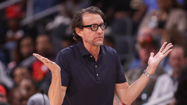 Atlanta Hawks head coach Quin Snyder reacts to a call against the Miami Heat in the third quarter at State Farm Arena on February 20, 2026.