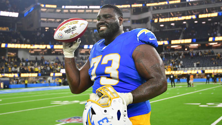 Nov 9, 2025; Inglewood, California, USA; Los Angeles Chargers guard Mekhi Becton (73) reacts after the game against the Pittsburgh Steelers at SoFi Stadium. Mandatory Credit: Gary A. Vasquez-Imagn Images