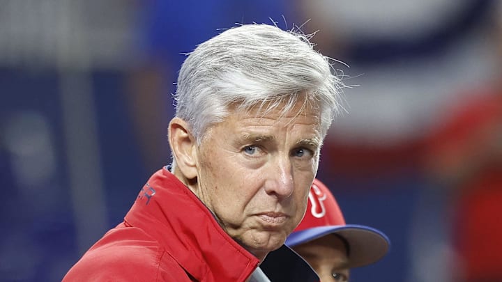 Apr 15, 2022; Miami, Florida, USA; Philadelphia Phillies President of Baseball Operations Dave Dombrowski watches batting practice before the game against the Miami Marlins at loanDepot Park. Mandatory Credit: Rhona Wise-Imagn Images
