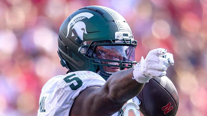 Oct 4, 2025; Lincoln, Nebraska, USA; Michigan State Spartans linebacker Jordan Hall (5) celebrates after an interception during the game against Nebraska at Memorial Stadium. Oct 4, 2025; Lincoln, Nebraska, USA; Michigan State Spartans linebacker Jordan Hall (5) celebrates after an interception during the game against Nebraska at Memorial Stadium.