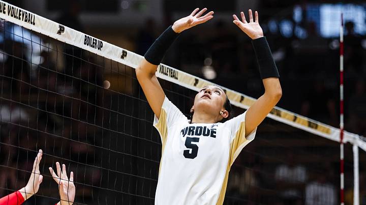 Taylor Anderson sets a volleyball. Taylor Anderson sets a volleyball.