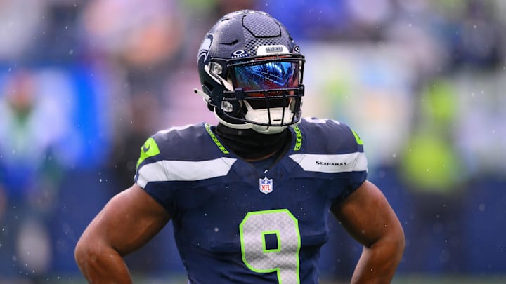 Dec 22, 2024; Seattle, Washington, USA; Seattle Seahawks running back Kenneth Walker III (9) during warmups before the game against the Minnesota Vikings at Lumen Field. Mandatory Credit: Steven Bisig-Imagn Images