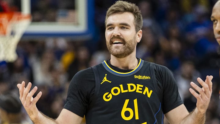 Dec 20, 2025; San Francisco, California, USA; Golden State Warriors guard Pat Spencer (61) reacts during the third quarter against the Phoenix Suns at Chase Center. Mandatory Credit: John Hefti-Imagn Images