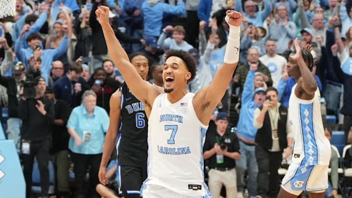 Feb 7, 2026; Chapel Hill, North Carolina, USA; North Carolina Tar Heels guard Seth Trimble (7) celebrates with teammates after the game at Dean E. Smith Center. Mandatory Credit: Bob Donnan-Imagn Images