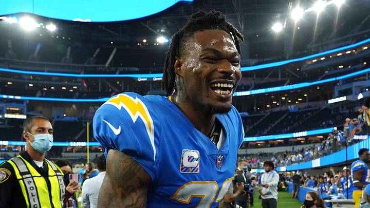 Oct 4, 2021; Inglewood, California, USA; Los Angeles Chargers free safety Derwin James (33) reacts after defeating the Las Vegas Raiders at SoFi Stadium. Mandatory Credit: Kirby Lee-Imagn Images