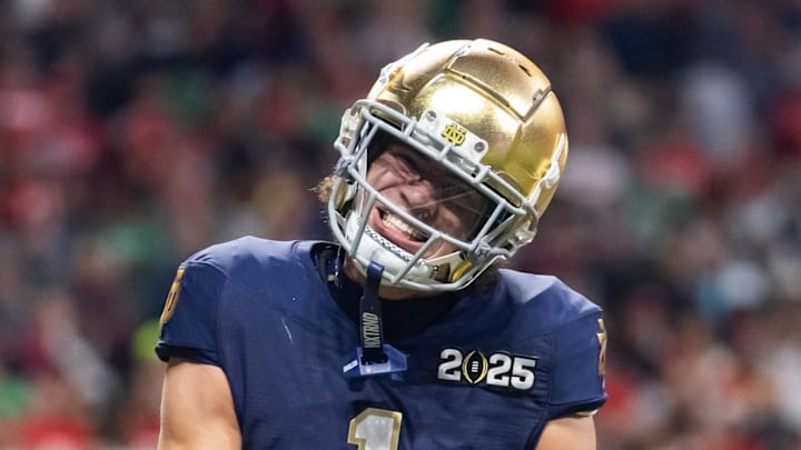 Jan 20, 2025; Atlanta, GA, USA; Notre Dame Fighting Irish wide receiver Jaden Greathouse (1) celebrates a touchdown against the Ohio State Buckeyes during the CFP National Championship college football game at Mercedes-Benz Stadium. 
