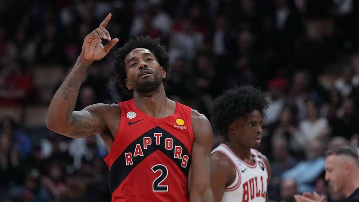 Oct 21, 2026; Toronto, Ontario, CAN;  Toronto Raptors forward Kawhi Leonard (2) reacts against the Chicago Bulls during the fourth quarter at Scotiabank Arena.  Mandatory Credit: Nick Turchiaro-Imagn Images