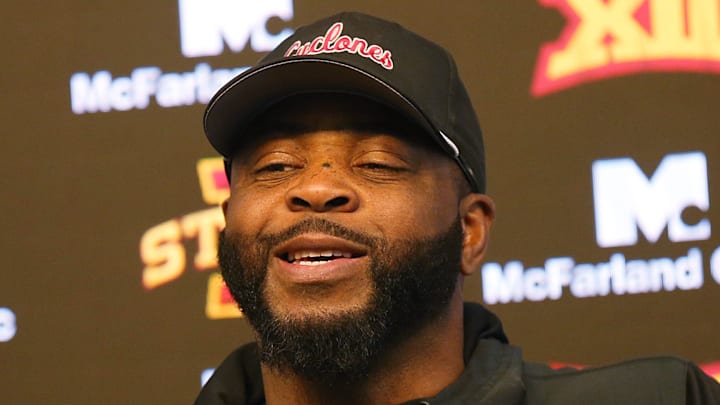 Iowa State's cornerback coach Hank Poteat talks to media at the school football facility on Wednesday, April 10, 2024, in Ames, Iowa.