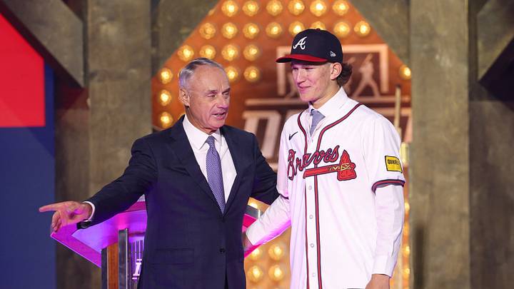 Jul 14, 2024; Ft. Worth, TX, USA;  MLB Commissioner Rob Manfred takes a photo with Cam Caminiti after he is drafted by the Atlanta Braves with the 24th pick during the first round of the MLB Draft at Cowtown Coliseum. Mandatory Credit: Kevin Jairaj-USA TODAY Sports