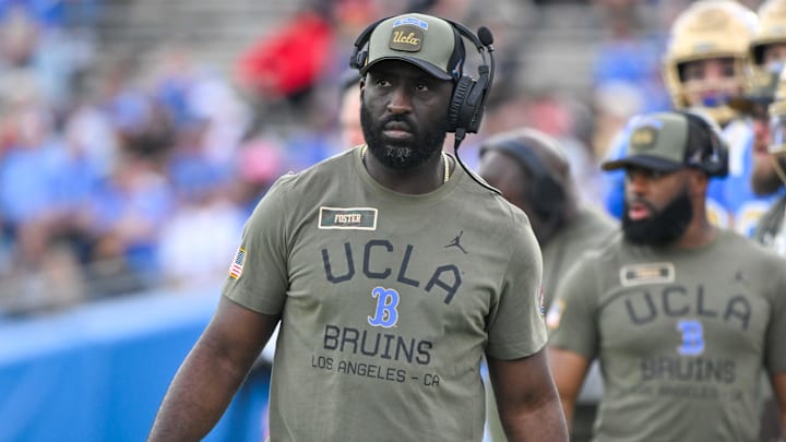 Nov 30, 2024; Pasadena, California, USA; UCLA Bruins head coach DeShaun Foster on the sidelines during the third quarter against the Fresno State Bulldogs at Rose Bowl. Mandatory Credit: Robert Hanashiro-Imagn Images