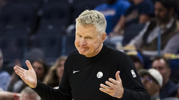 Oct 8, 2025; San Francisco, California, USA;  Golden State Warriors head coach Steve Kerr reacts during the fourth quarter against the Portland Trail Blazers at Chase Center. Mandatory Credit: John Hefti-Imagn Images